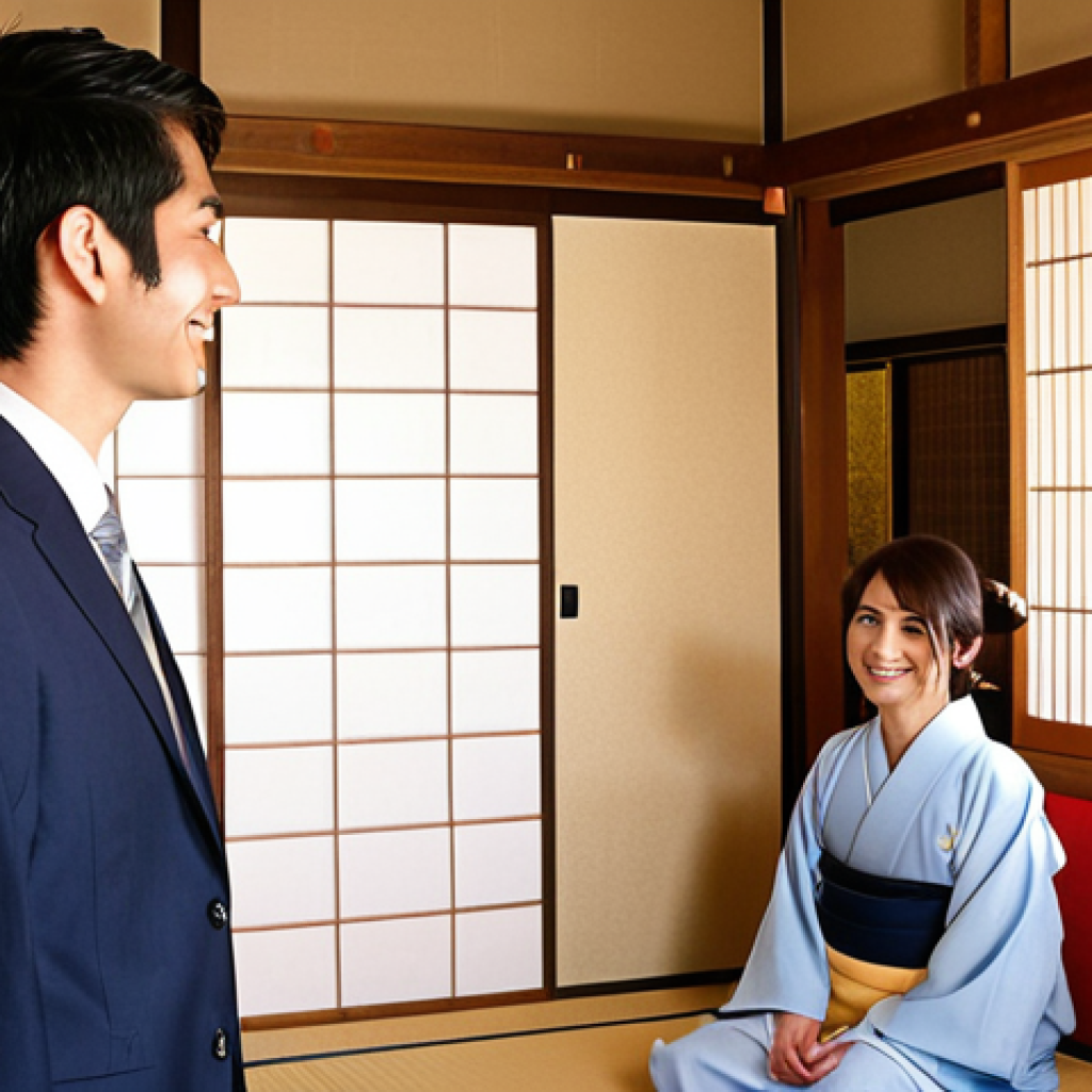 **A young Arab professional smiling confidently while interacting with tourists at a traditional Japanese Ryokan (inn). The professional is wearing a business suit and has a JLPT certificate subtly visible in the background. The scene is bright and welcoming, showcasing Japanese hospitality.**