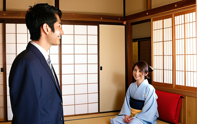 **A young Arab professional smiling confidently while interacting with tourists at a traditional Japanese Ryokan (inn). The professional is wearing a business suit and has a JLPT certificate subtly visible in the background. The scene is bright and welcoming, showcasing Japanese hospitality.**