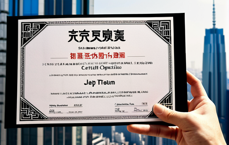 **
A person confidently holding a JLPT certificate, with a blurred background showing iconic skyscrapers from various global cities (Tokyo, New York, Dubai). Focus on the certificate and the person's expression of accomplishment. The overall tone should be aspirational and convey the idea of "opening doors to global opportunities."
**