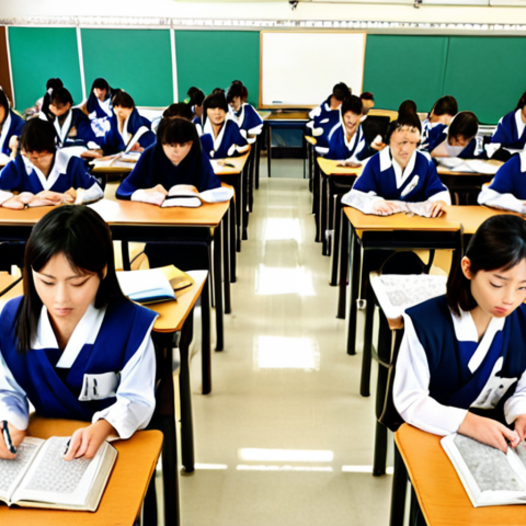 **

*   **Prompt:** A split image. On one side, a group of students taking a JLPT exam in a bright, modern classroom. On the other, a scholar surrounded by stacks of ancient Japanese texts, with notes scattered around, engaged in deep research. The overall feeling is contrast between structured testing and in-depth exploration.

**