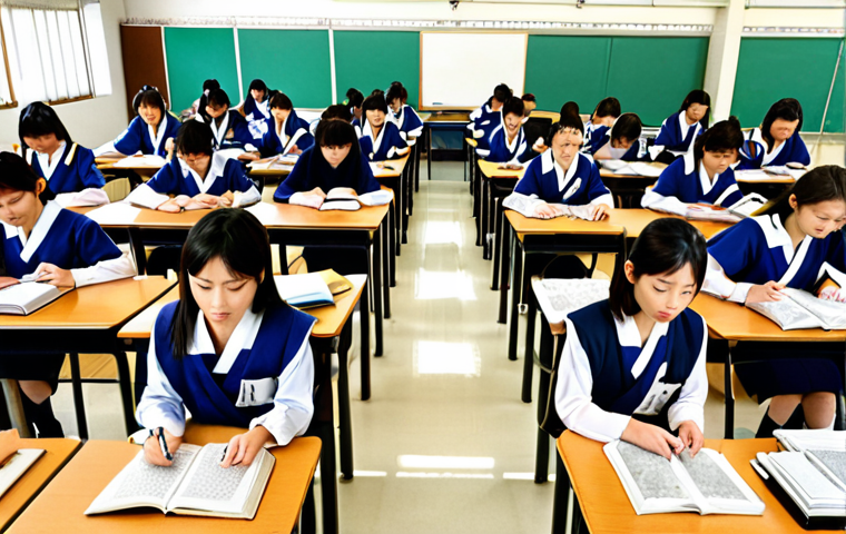 **
* **Prompt:** A split image. On one side, a group of students taking a JLPT exam in a bright, modern classroom. On the other, a scholar surrounded by stacks of ancient Japanese texts, with notes scattered around, engaged in deep research. The overall feeling is contrast between structured testing and in-depth exploration.
**