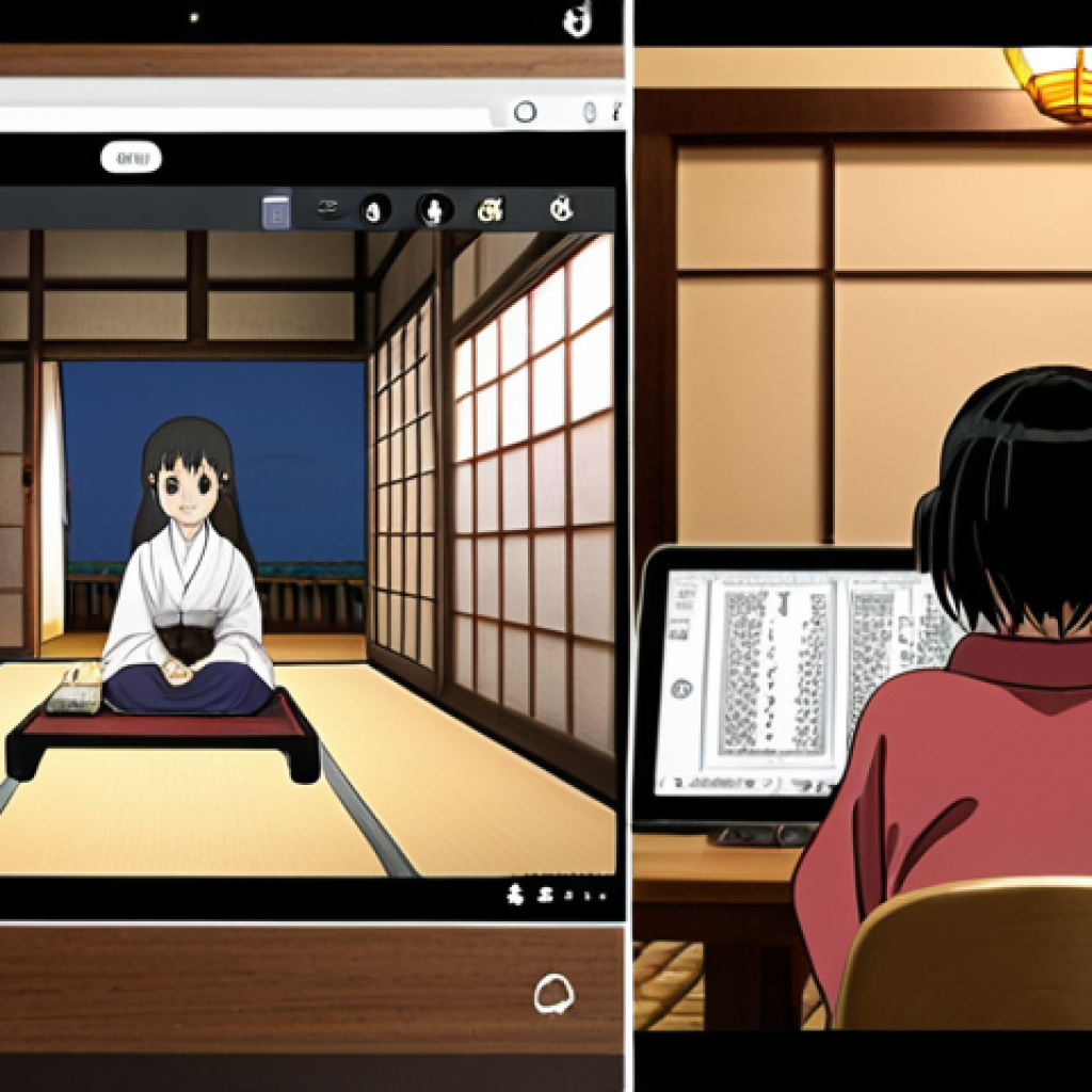 ** A split screen. On one side, a person is happily watching a Japanese anime with Arabic subtitles on a tablet. On the other side, the same person is making flashcards on Anki with Japanese words and Arabic translations, with images and audio clips attached. The background shows a cozy room decorated with Japanese elements.

**