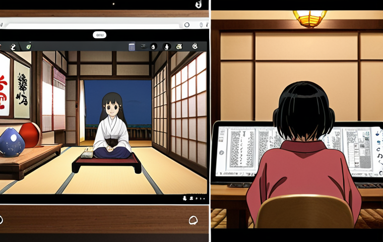 ** A split screen. On one side, a person is happily watching a Japanese anime with Arabic subtitles on a tablet. On the other side, the same person is making flashcards on Anki with Japanese words and Arabic translations, with images and audio clips attached. The background shows a cozy room decorated with Japanese elements.
**