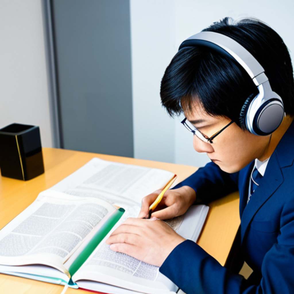 A focused person, adult, dressed in appropriate, professional attire, deeply engaged in studying Japanese. They are seated at a modern, clean desk, with a Japanese textbook open and high-quality headphones on, demonstrating active listening and complex text analysis. The background is a soft-lit, minimalist study environment. The atmosphere conveys intense concentration and intellectual pursuit. Safe for work, appropriate content, fully clothed, professional, perfect anatomy, correct proportions, natural pose, well-formed hands, proper finger count, natural body proportions, high quality, professional photography.