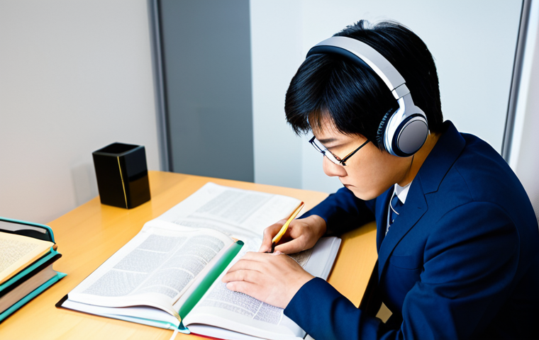 A focused person, adult, dressed in appropriate, professional attire, deeply engaged in studying Japanese. They are seated at a modern, clean desk, with a Japanese textbook open and high-quality headphones on, demonstrating active listening and complex text analysis. The background is a soft-lit, minimalist study environment. The atmosphere conveys intense concentration and intellectual pursuit. Safe for work, appropriate content, fully clothed, professional, perfect anatomy, correct proportions, natural pose, well-formed hands, proper finger count, natural body proportions, high quality, professional photography.