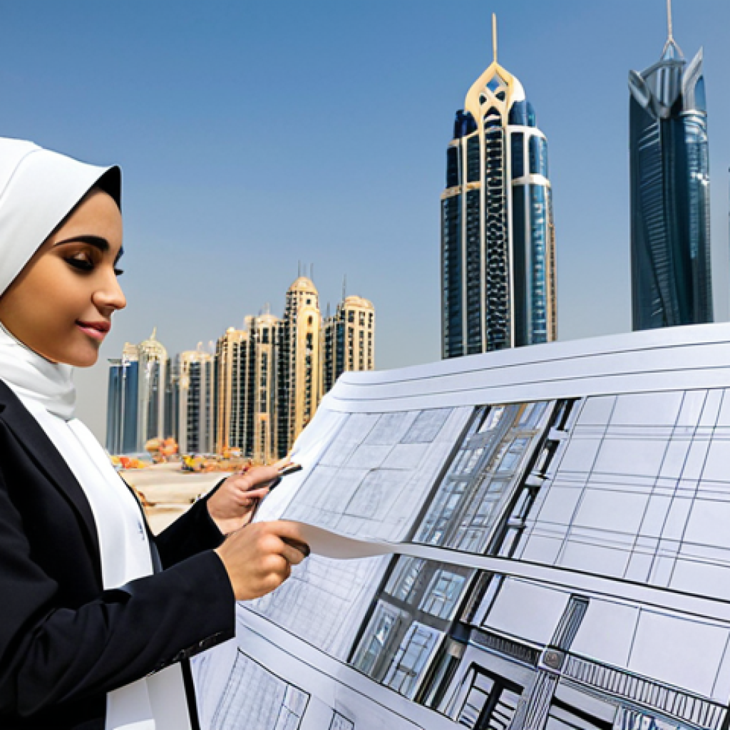 **

"A professional female architect wearing a hijab and modest business attire, reviewing blueprints at a construction site in Dubai, modern skyscrapers in the background, safe for work, appropriate content, fully clothed, professional, perfect anatomy, natural proportions, high quality architectural photography."

**