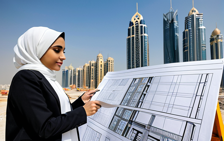 **
"A professional female architect wearing a hijab and modest business attire, reviewing blueprints at a construction site in Dubai, modern skyscrapers in the background, safe for work, appropriate content, fully clothed, professional, perfect anatomy, natural proportions, high quality architectural photography."
**