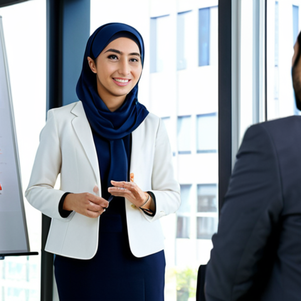 JLPT N1 자격증 소지자의 평균 연봉 - **Subject:** A confident Arab professional, fully clothed in modest business attire, giving a presen...