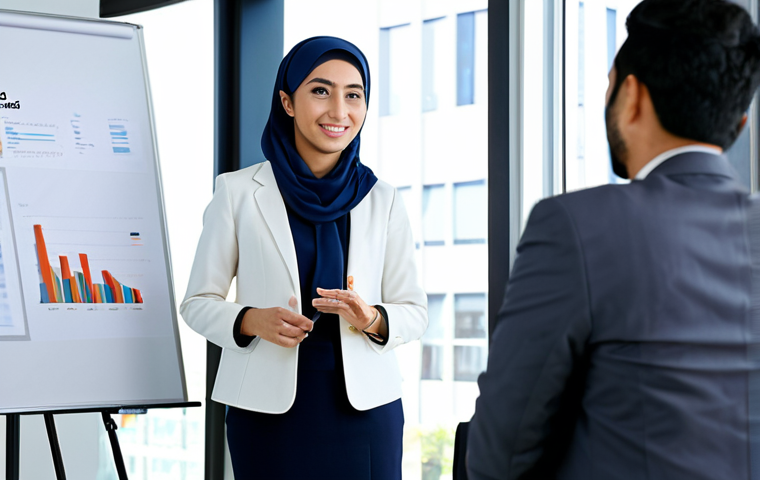 JLPT N1 자격증 소지자의 평균 연봉 - **Subject:** A confident Arab professional, fully clothed in modest business attire, giving a presen...