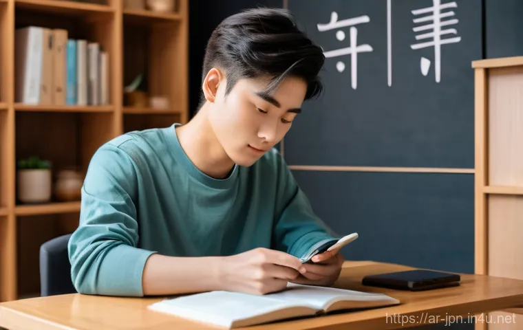 JLPT와 일본어 능력 향상을 위한 스마트폰 활용 - **Prompt:** A focused young adult, gender-neutral, in their early twenties, sitting comfortably at a...