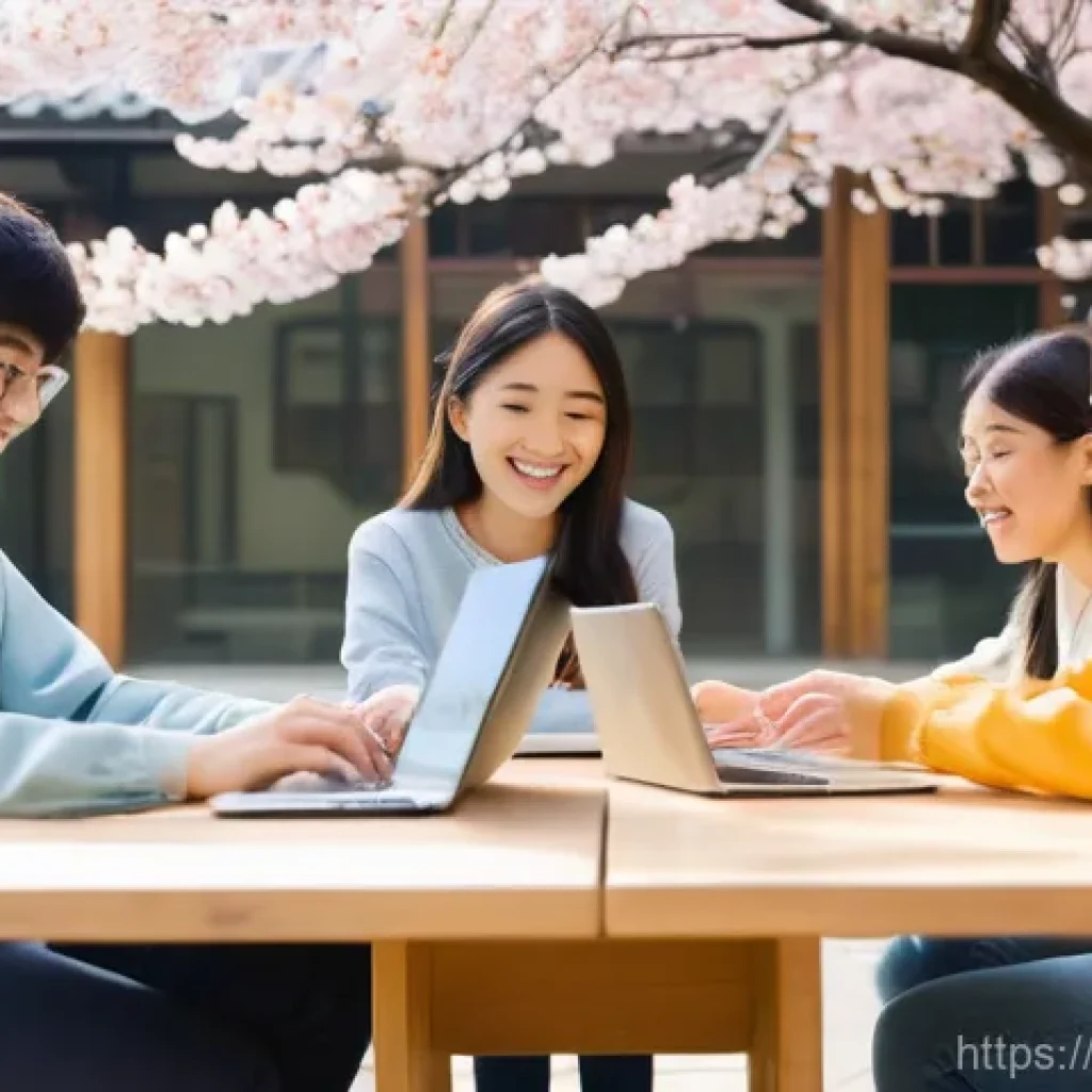 JLPT와 일본 내 유학생 네트워크 구축 - **Prompt:** A dynamic scene featuring a diverse group of young university students, including indivi...