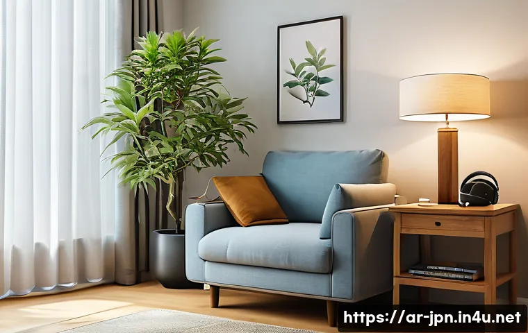 JLPT 청해 능력을 높이는 환경 조성 - A cozy and modern Japanese language learning corner inside a quiet home, featuring a comfortable arm...