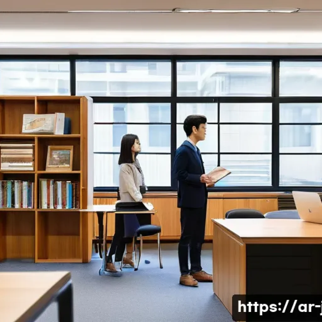 JLPT 자격증과 일본 내 연구소 취업 사례 - A modern Japanese research center office scene showing diverse researchers collaborating; one Middle...