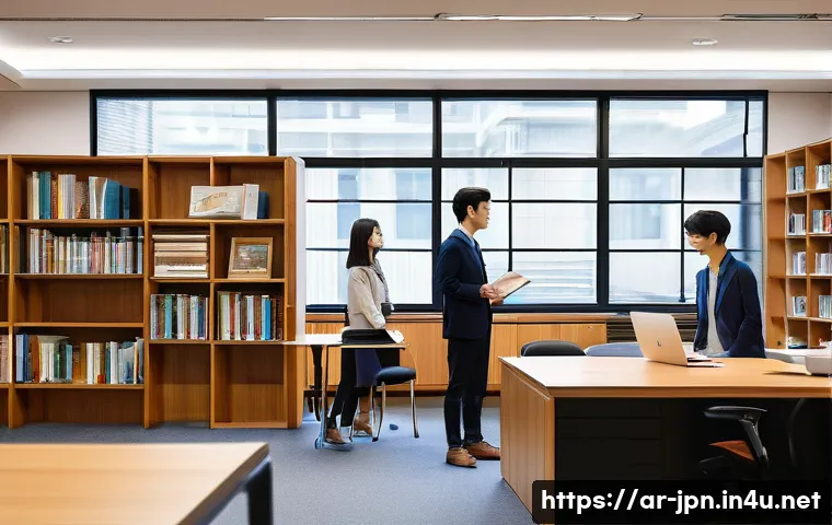 JLPT 자격증과 일본 내 연구소 취업 사례 - A modern Japanese research center office scene showing diverse researchers collaborating; one Middle...