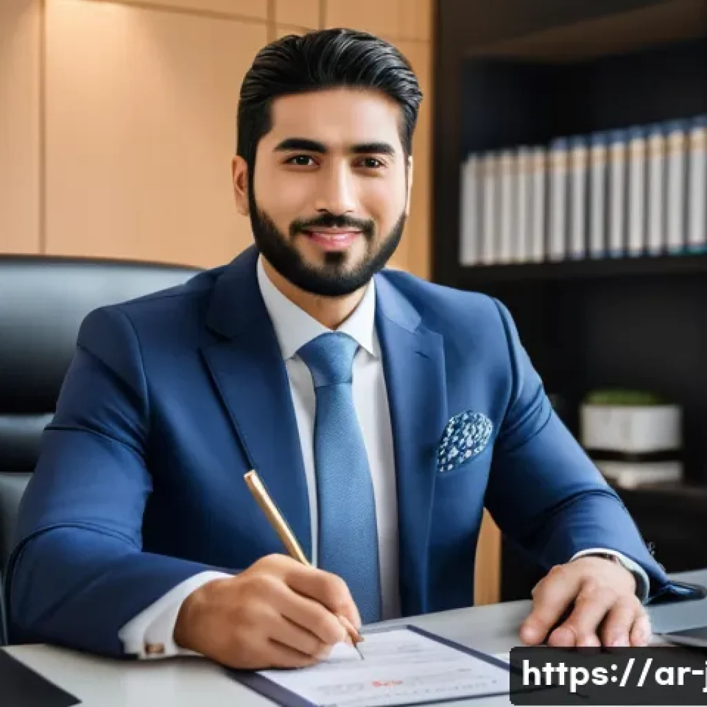 JLPT와 일본 내 직무와의 학문적 연계 - A professional Arab man in business attire sitting confidently at a modern office desk, holding a JL...