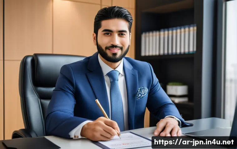 JLPT와 일본 내 직무와의 학문적 연계 - A professional Arab man in business attire sitting confidently at a modern office desk, holding a JL...