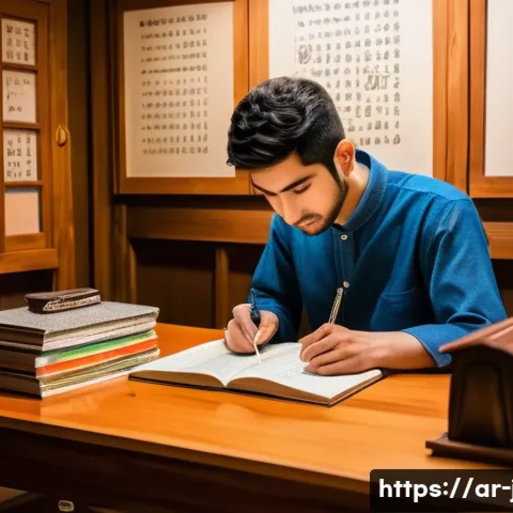JLPT와 일본어 전문 번역 과정 비교 - A professional Arabic-speaking young adult studying Japanese language materials at a traditional Mid...