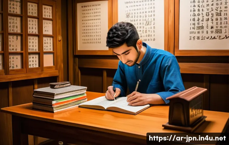 JLPT와 일본어 전문 번역 과정 비교 - A professional Arabic-speaking young adult studying Japanese language materials at a traditional Mid...