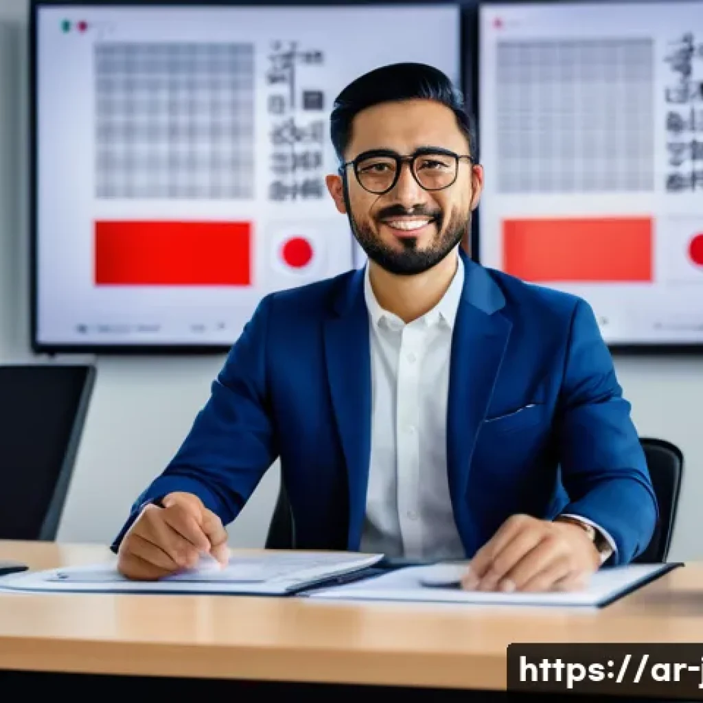 JLPT 자격증 활용 가능한 직업 - A professional Arab man in his early 30s confidently negotiating a business deal in a modern multina...