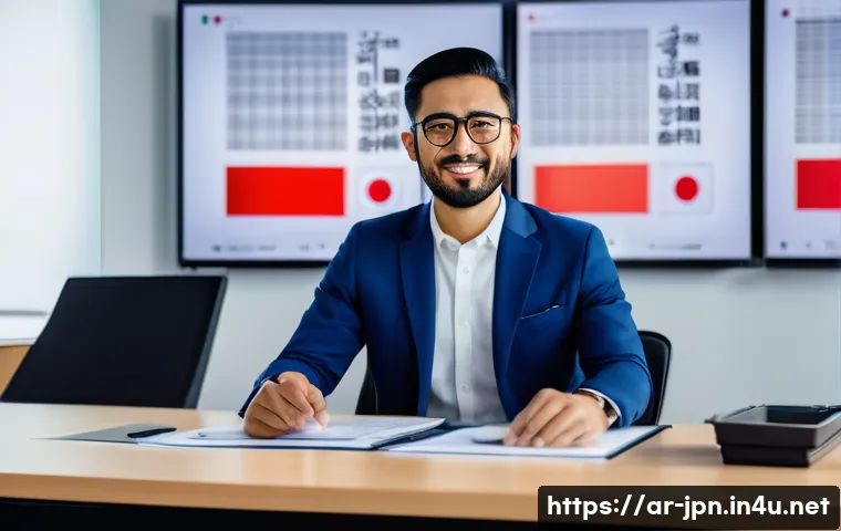 JLPT 자격증 활용 가능한 직업 - A professional Arab man in his early 30s confidently negotiating a business deal in a modern multina...