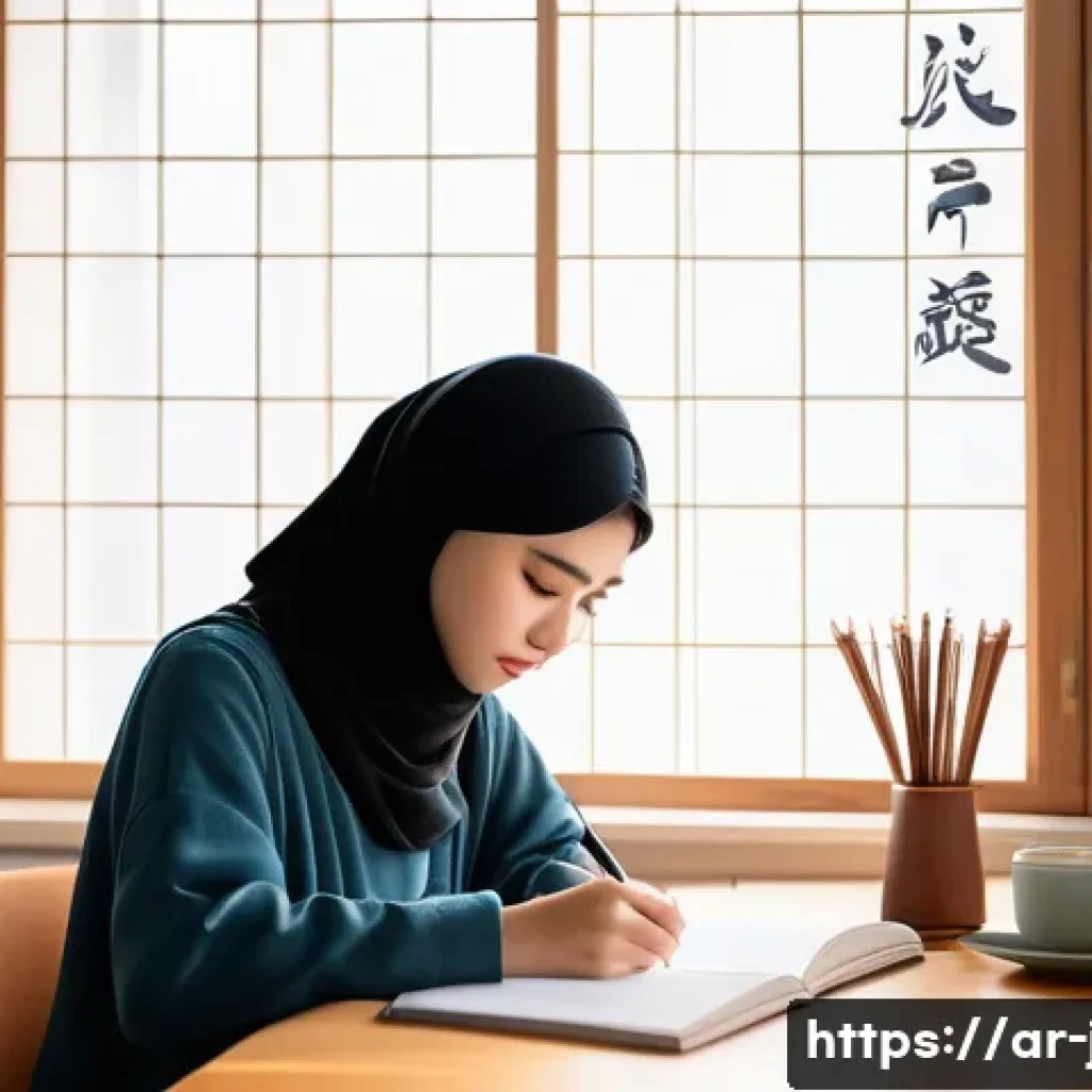 JLPT 시험 준비 과정 기록하기 - A focused young Arab woman studying Japanese at a cozy home desk, surrounded by Japanese language te...