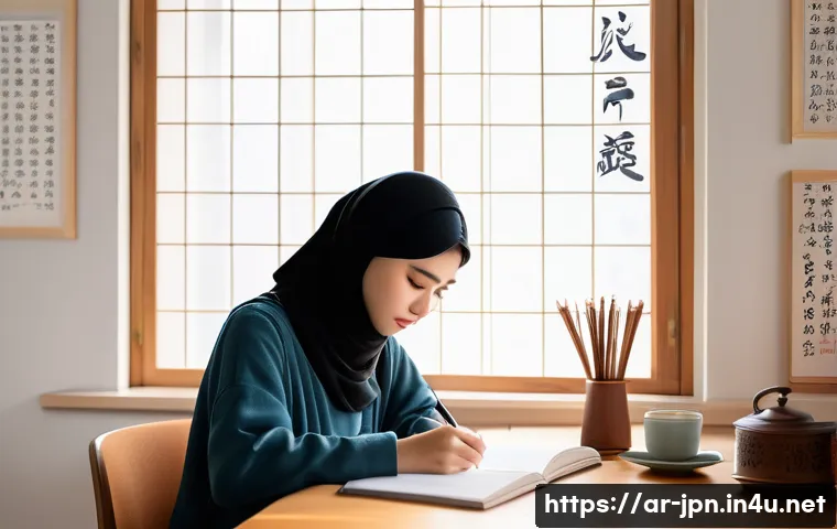 JLPT 시험 준비 과정 기록하기 - A focused young Arab woman studying Japanese at a cozy home desk, surrounded by Japanese language te...