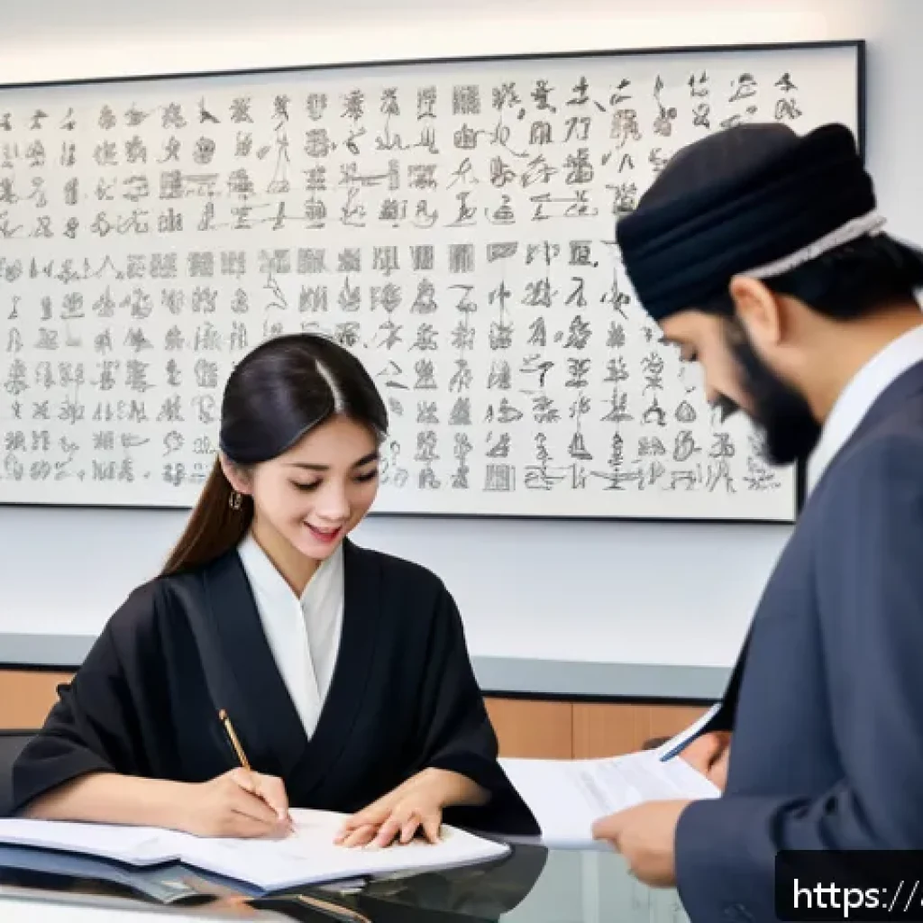 JLPT N3 취득 후 할 수 있는 일 - A professional multicultural office scene featuring an Arab man and a Japanese woman collaborating o...