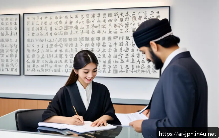 JLPT N3 취득 후 할 수 있는 일 - A professional multicultural office scene featuring an Arab man and a Japanese woman collaborating o...