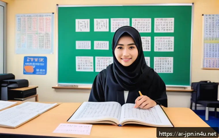 JLPT와 관광 일본어의 차별화 - A detailed scene depicting an Arabic-speaking adult student in a modern classroom setting, focusing ...