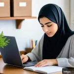 JLPT 시험에서 고득점 받는 시간 관리법 - A focused young Arab woman studying Japanese language at a neat, organized desk in a quiet room with...