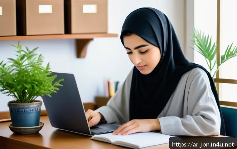 JLPT 시험에서 고득점 받는 시간 관리법 - A focused young Arab woman studying Japanese language at a neat, organized desk in a quiet room with...