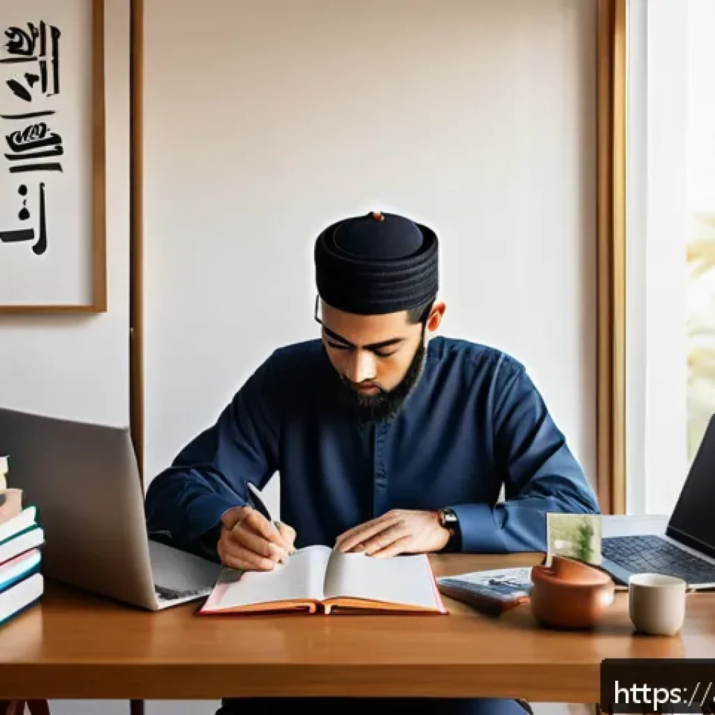 JLPT N2 취득 후 일본 취업 성공 스토리 - A focused Middle Eastern man studying Japanese language at a cozy desk in a modern home office, surr...