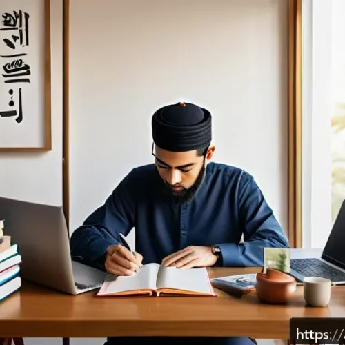 JLPT N2 취득 후 일본 취업 성공 스토리 - A focused Middle Eastern man studying Japanese language at a cozy desk in a modern home office, surr...