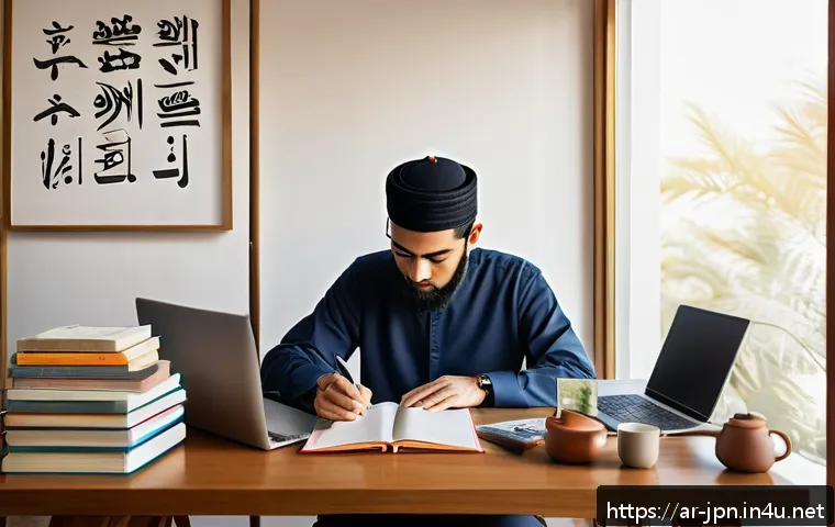 JLPT N2 취득 후 일본 취업 성공 스토리 - A focused Middle Eastern man studying Japanese language at a cozy desk in a modern home office, surr...