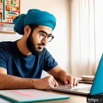 JLPT와 일본 내 직무별 고급 일본어 활용법 - A focused young Arab man studying Japanese language at home, surrounded by diverse learning material...
