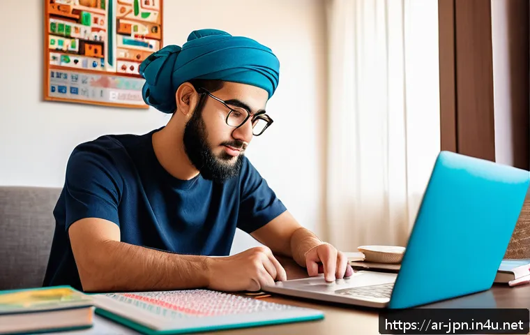 JLPT와 일본 내 직무별 고급 일본어 활용법 - A focused young Arab man studying Japanese language at home, surrounded by diverse learning material...
