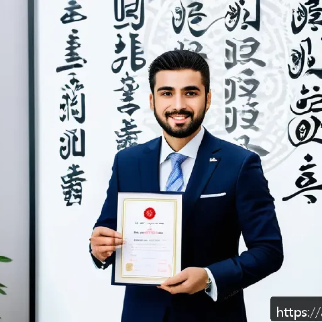 JLPT 자격증 활용 글로벌 네트워크 구축 - A professional Middle Eastern man wearing business attire and holding a JLPT certificate, standing c...