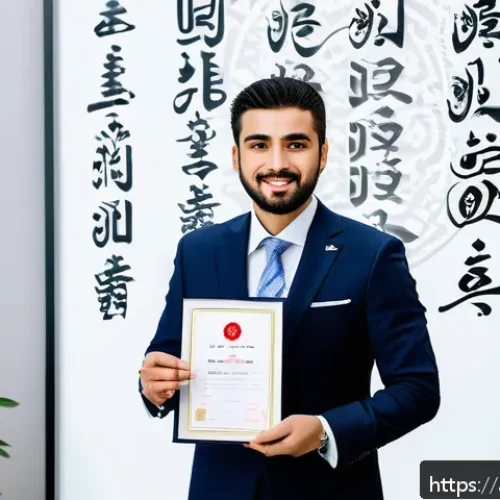 JLPT 자격증 활용 글로벌 네트워크 구축 - A professional Middle Eastern man wearing business attire and holding a JLPT certificate, standing c...