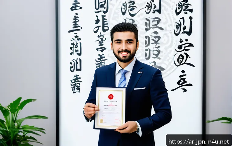 JLPT 자격증 활용 글로벌 네트워크 구축 - A professional Middle Eastern man wearing business attire and holding a JLPT certificate, standing c...
