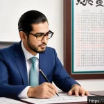 JLPT N1 취득 후 연봉협상 사례 - A professional Middle Eastern man in formal business attire, confidently negotiating a salary increa...