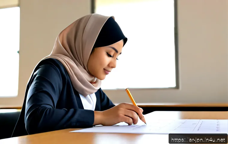 JLPT와 일본어 시험 응시 환경 사례 - Photorealistic Japanese language proficiency exam setting in a modern test center, modestly dressed ...