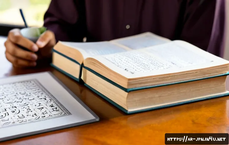 JLPT와 일본어 시험과의 연계성 분석 - Photorealistic educational scene of an Arab university student in modest casual clothing studying Ja...