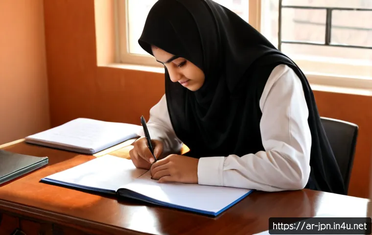 JLPT 시험 후 개인 포트폴리오 작성법 - Photorealistic home workspace of a young Arab professional in modest smart-casual clothing assemblin...